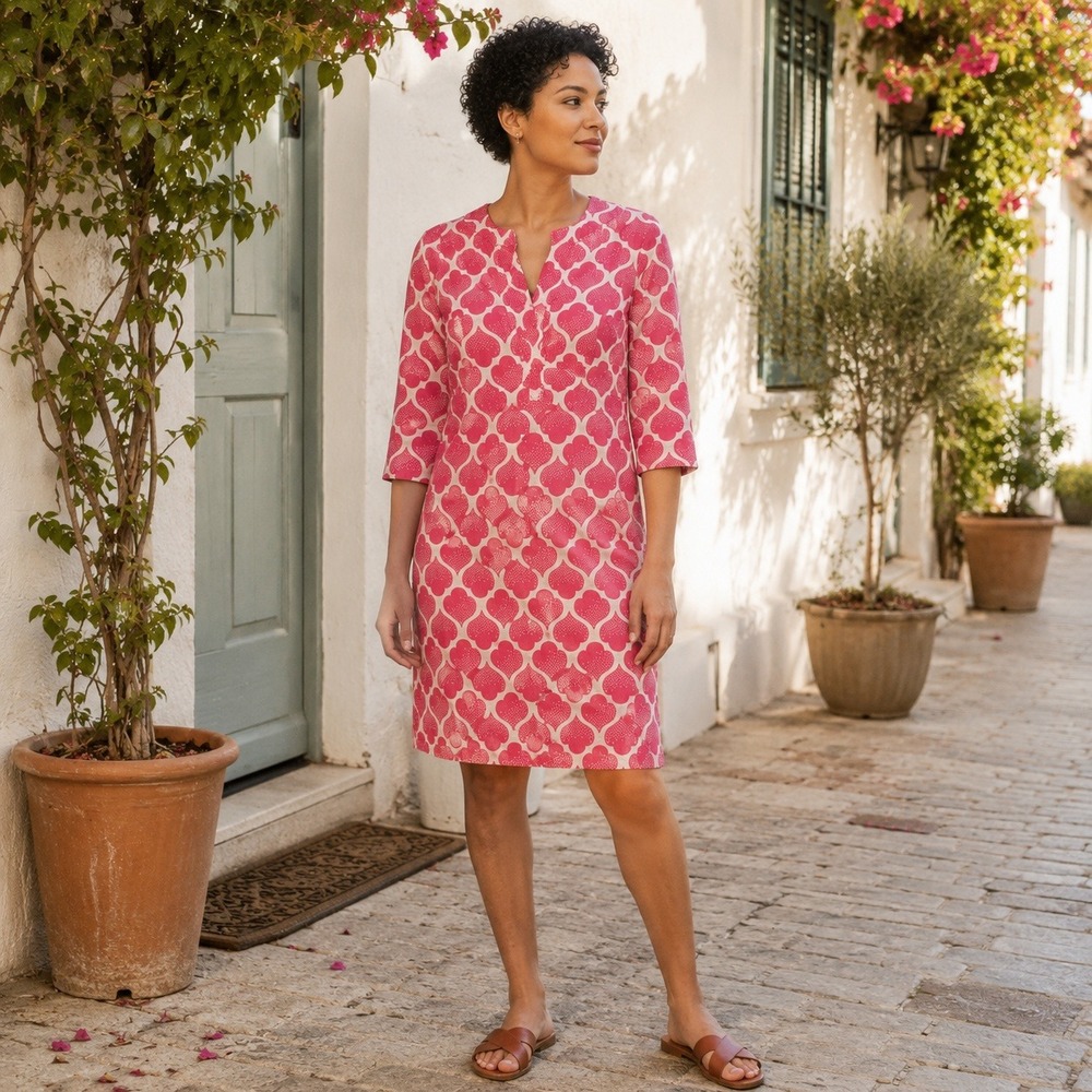 Boden NWOT 100% Linen Pink Moroccan Tile Dress Women's US 8 UK 12